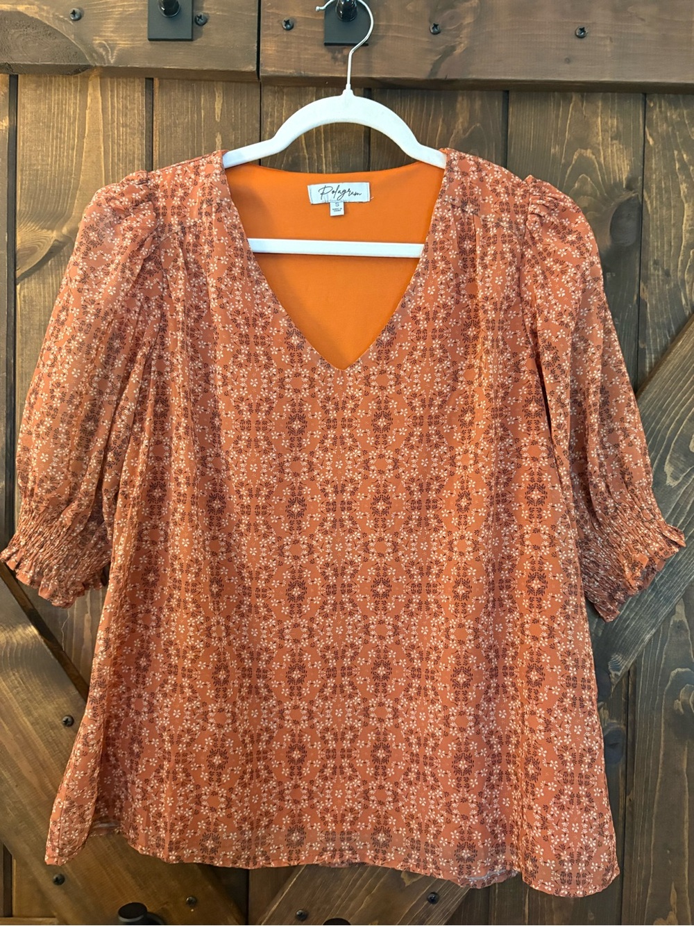 Polagram Rust Floral V-Neck Puff Sleeve Blouse